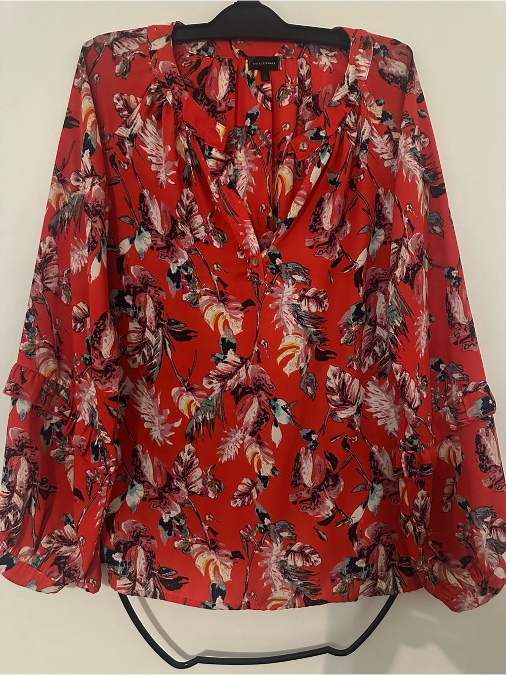 Buckle Red Floral V-Neck Ruffle Sleeve Blouse